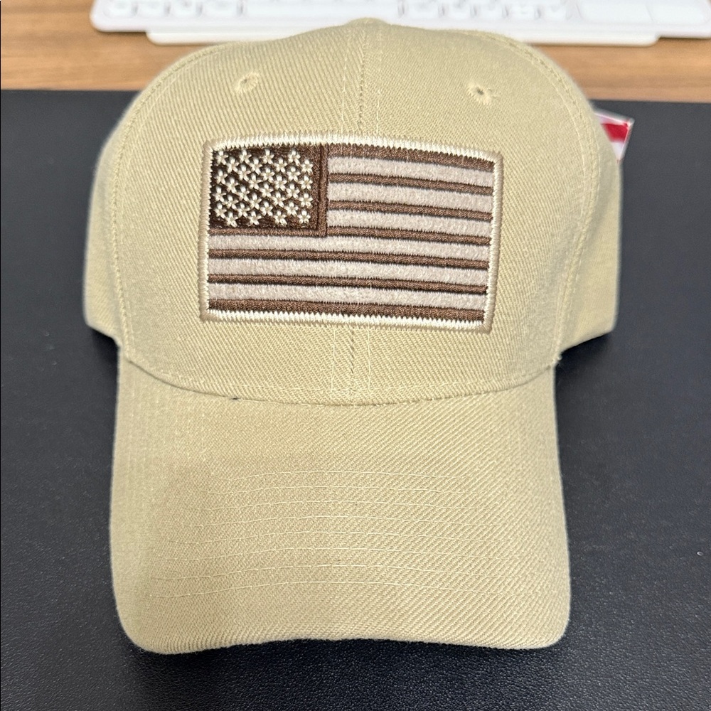 Tan Baseball Cap with American Flag Patch